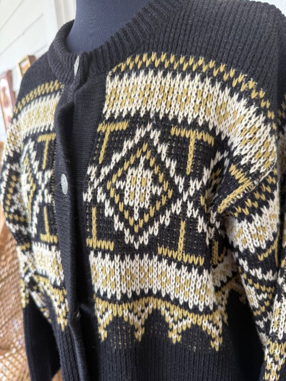Vintage 50s Womens Nordstrikk Norway Cardigan Black Tan Size L - Picture 9 of 14